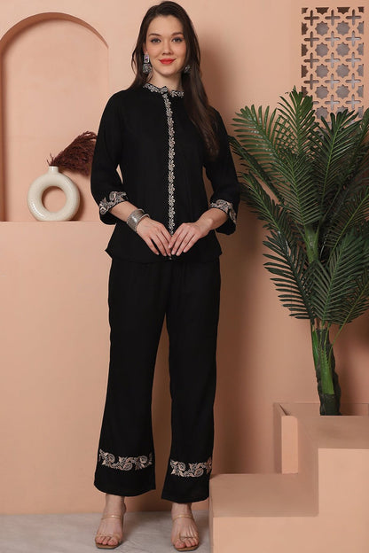 Black Floral Embroidered Viscose Rayon Co-Ord Set for Women