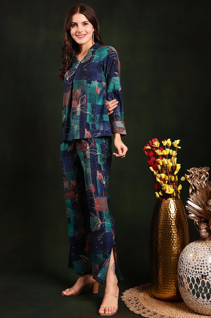 Blue Printed Premium Chanderi Silk Co-Ord Set for Women