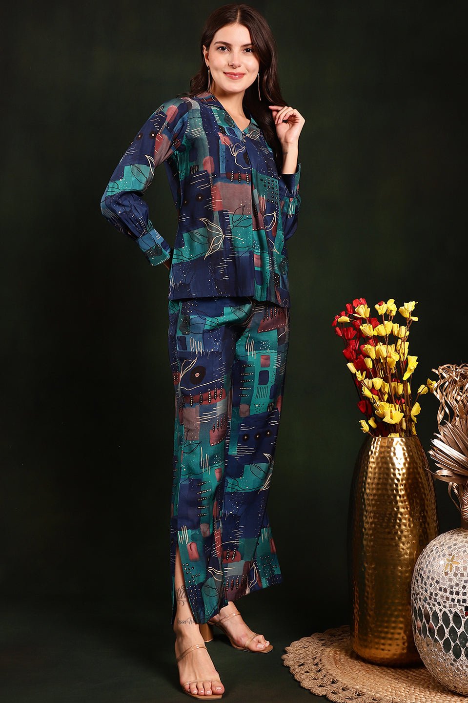 Blue Printed Premium Chanderi Silk Co-Ord Set for Women