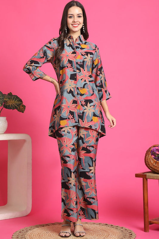 Black Floral Printed Tunic & Trousers Co-Ord Set for Women