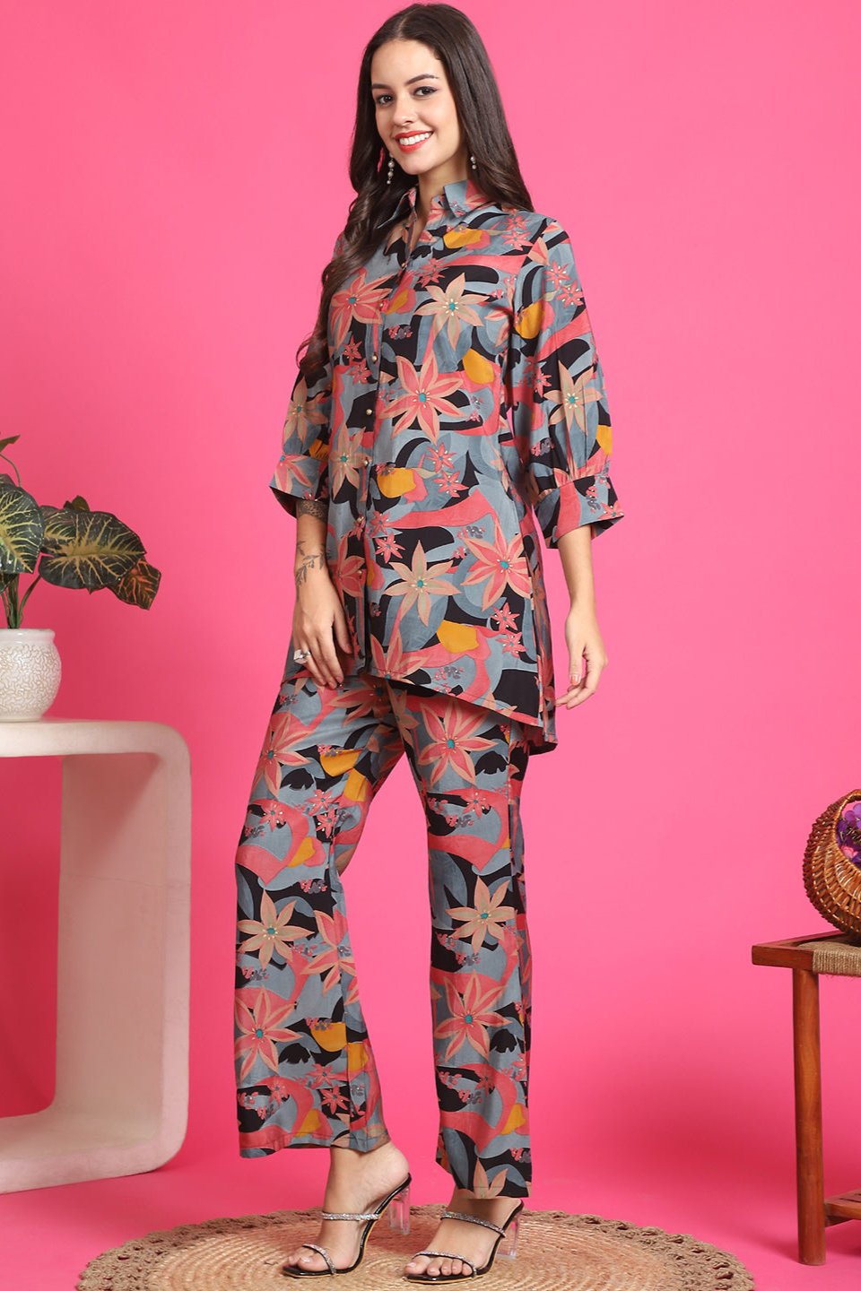 Black Floral Printed Tunic & Trousers Co-Ord Set for Women