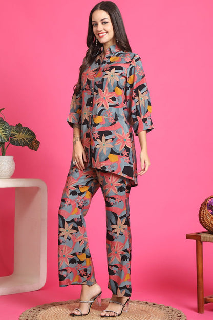 Black Floral Printed Tunic & Trousers Co-Ord Set for Women