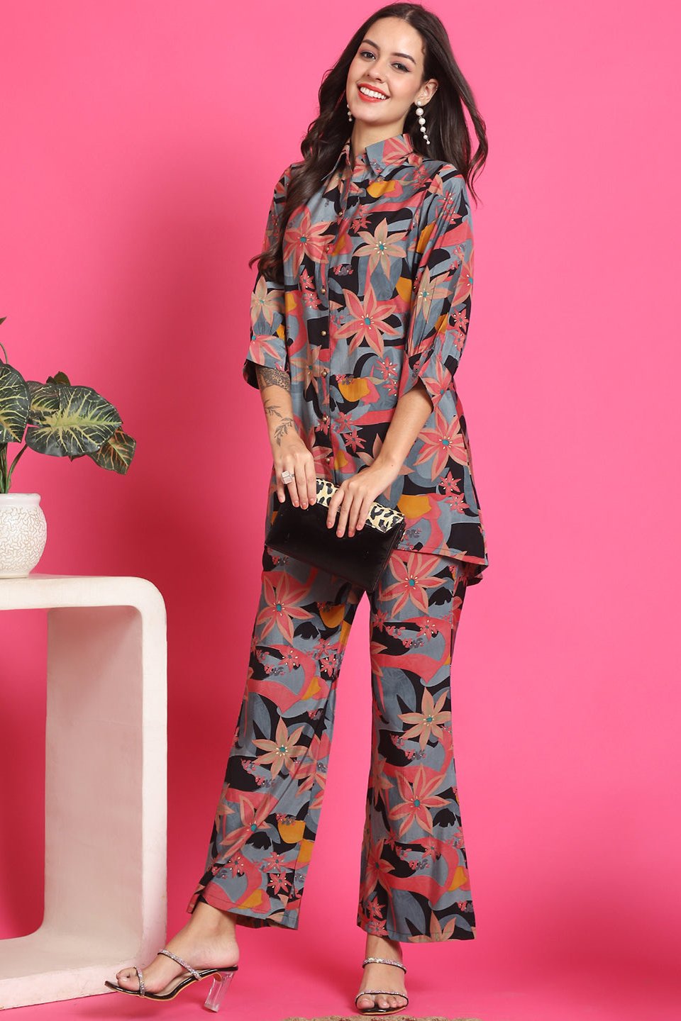 Black Floral Printed Tunic & Trousers Co-Ord Set for Women