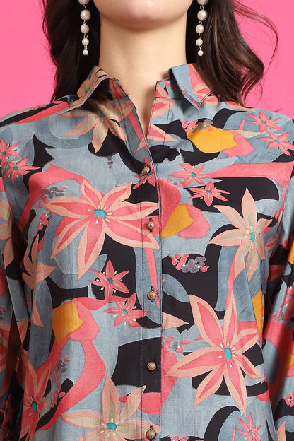 Black Floral Printed Tunic & Trousers Co-Ord Set for Women