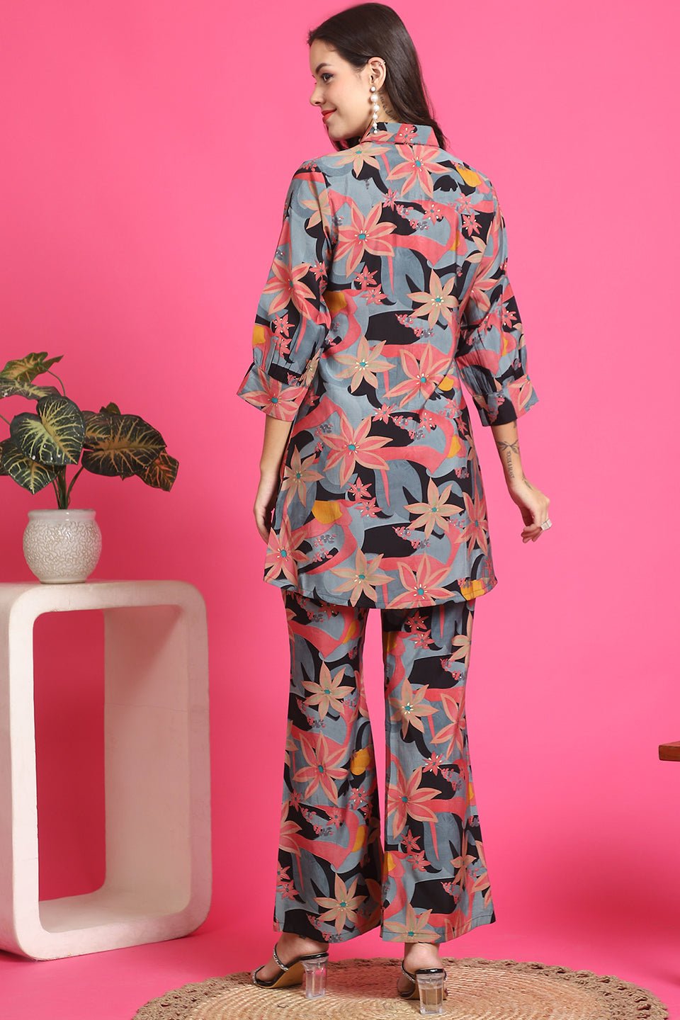Black Floral Printed Tunic & Trousers Co-Ord Set for Women