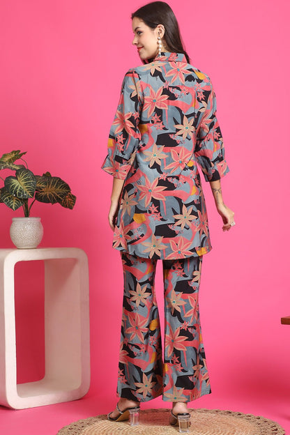 Black Floral Printed Tunic & Trousers Co-Ord Set for Women