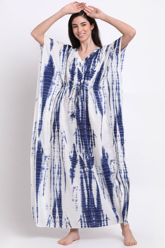 White and Blue Tie & dye Printed Rayon Kaftan