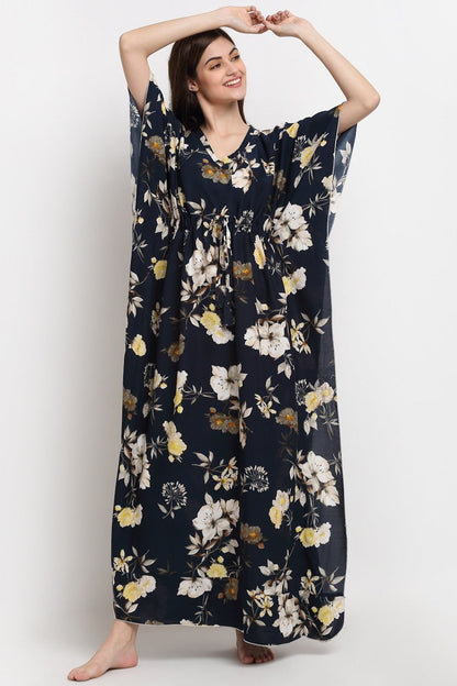 Navy Blue Floral Printed Viscose Rayon Kaftan For Woman
