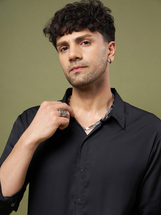 Unisex Black Satin Relax Fit Shirt