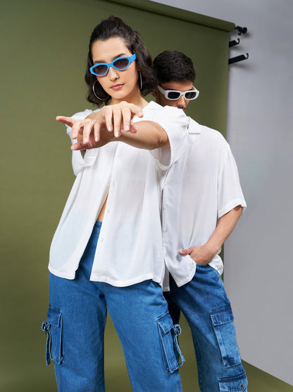 Unisex White Solid Relax Fit Shirt