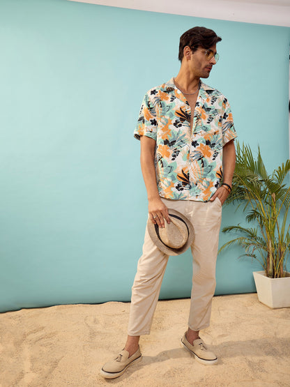 Unisex White Tropical Print Relax Fit Shirt