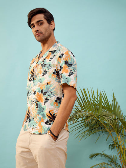 Unisex White Tropical Print Relax Fit Shirt