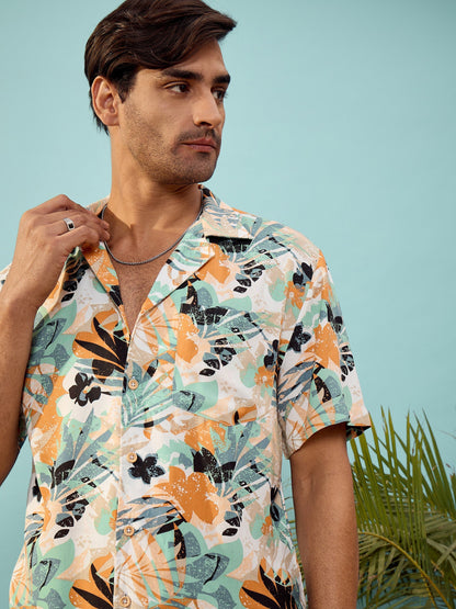 Unisex White Tropical Print Relax Fit Shirt