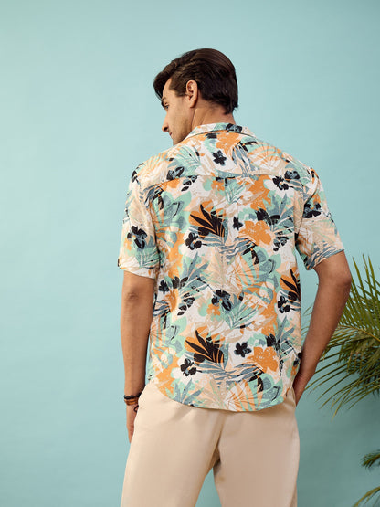 Unisex White Tropical Print Relax Fit Shirt