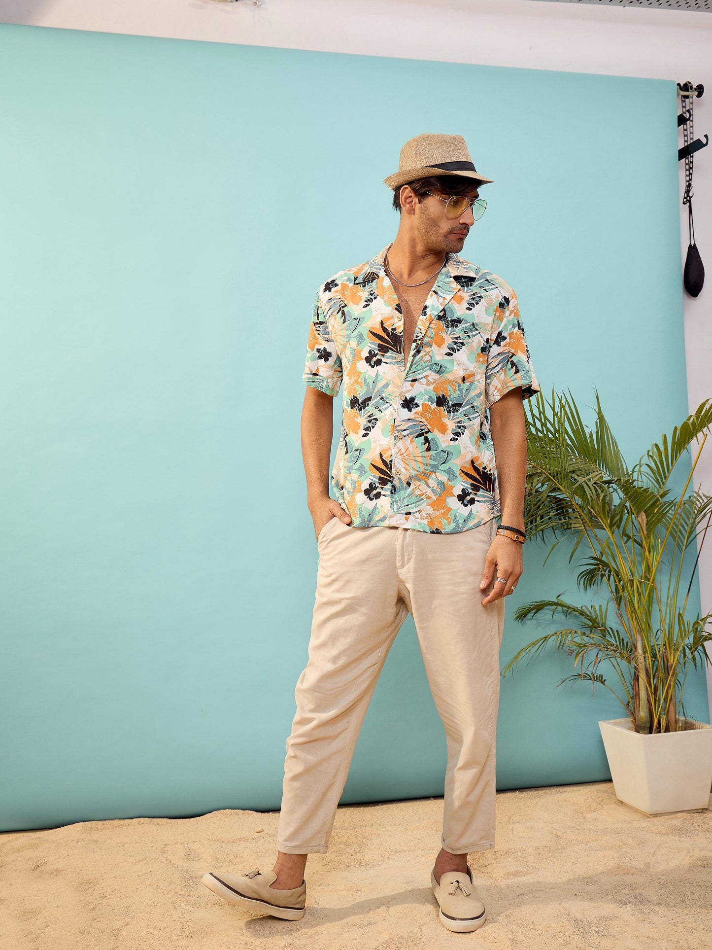 Unisex White Tropical Print Relax Fit Shirt