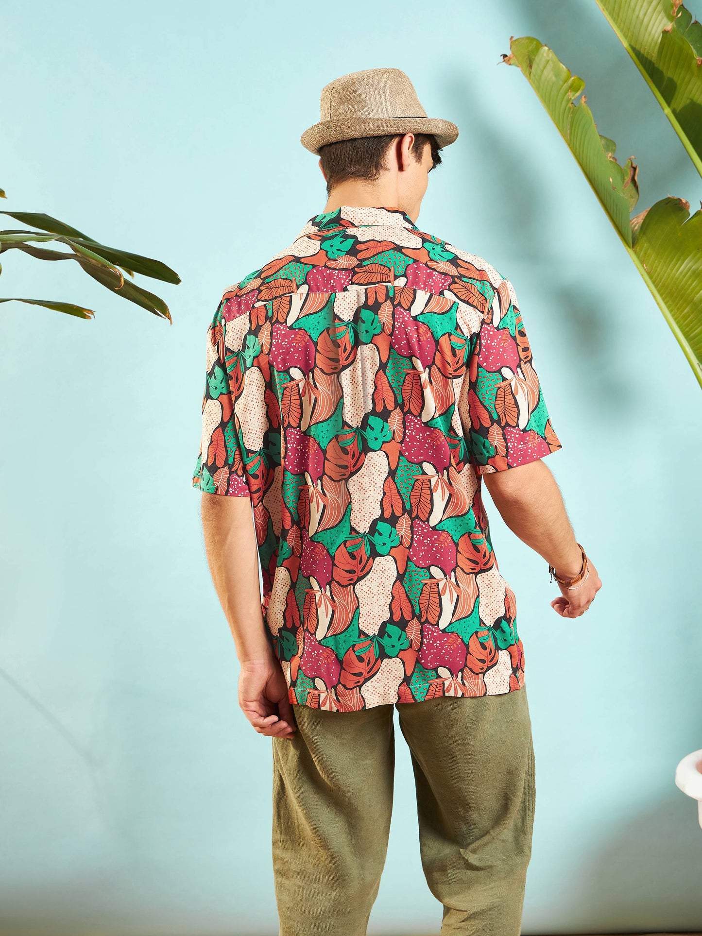 Men Orange Multi Colour Tropical Print Relax Fit Shirt