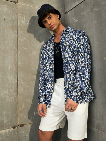 Men Blue & Navy Conversational Print Relax Fit Shirt