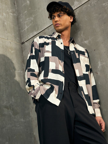 Men Beige & Black Abstract Print Relax Fit Shirt