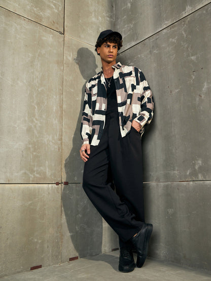 Men Beige & Black Abstract Print Relax Fit Shirt