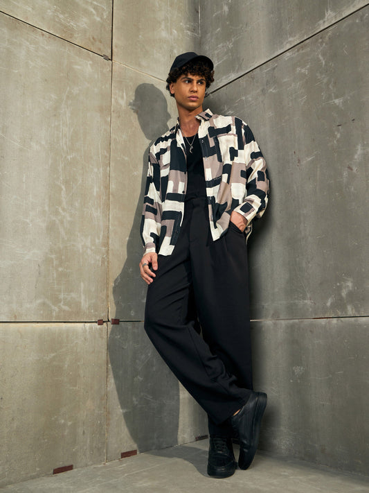 Men Beige & Black Abstract Print Relax Fit Shirt