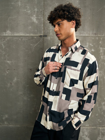 Men Beige & Black Abstract Print Relax Fit Shirt