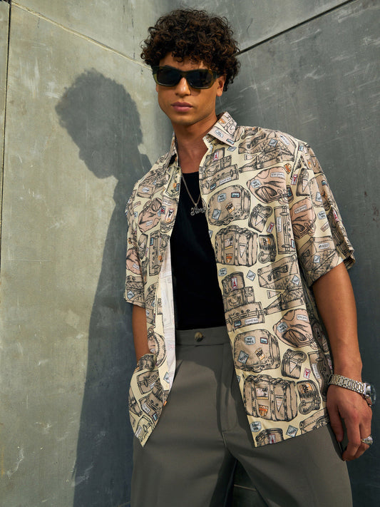 Men Beige Conversational Print Relax Fit Shirt