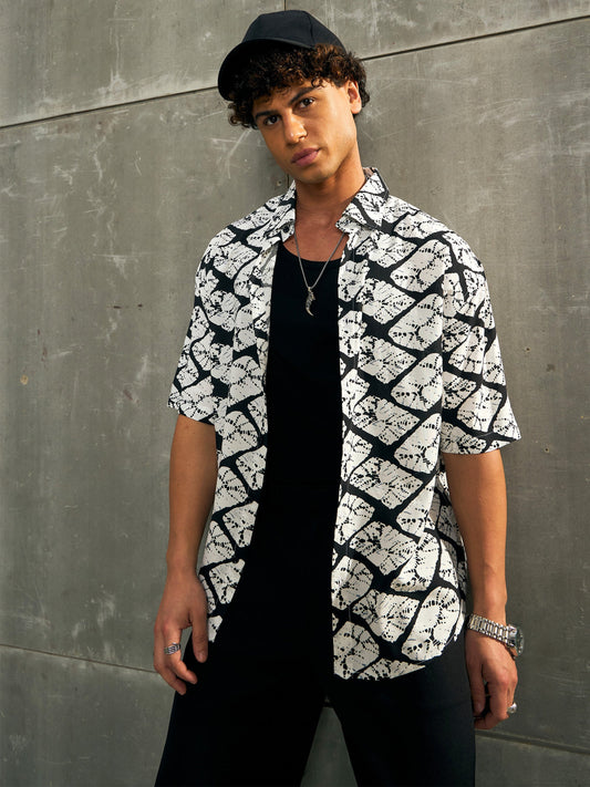 Men White & Black Conversational Print Relax Fit Shirt