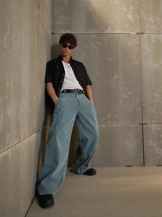 Men Black Poplin Front Pocket Relax Fit Shirt