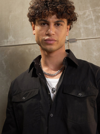 Men Black Poplin Front Pocket Relax Fit Shirt