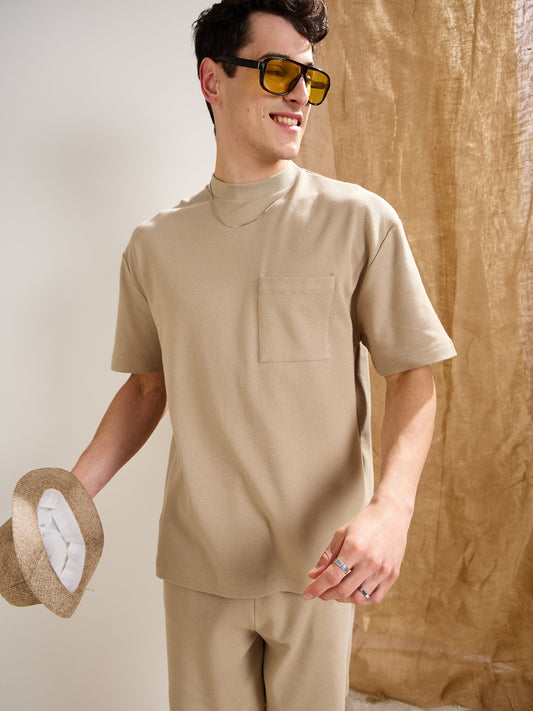 Men Olive Waffle Front Pocket Oversize T-Shirt