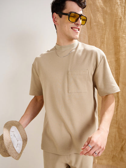 Men Olive Waffle Front Pocket Oversize T-Shirt