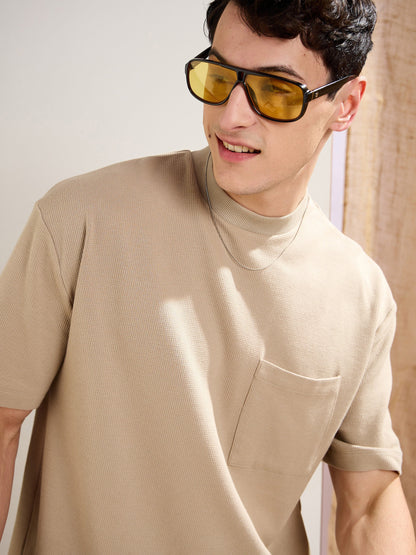 Men Olive Waffle Front Pocket Oversize T-Shirt