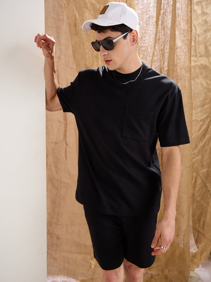 Men Black Waffle Front Pocket Oversize T-Shirt