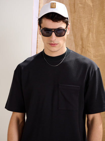 Men Black Waffle Front Pocket Oversize T-Shirt