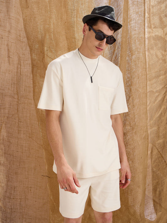 Men White Waffle Front Pocket Oversize T-Shirt