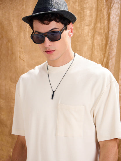 Men White Waffle Front Pocket Oversize T-Shirt