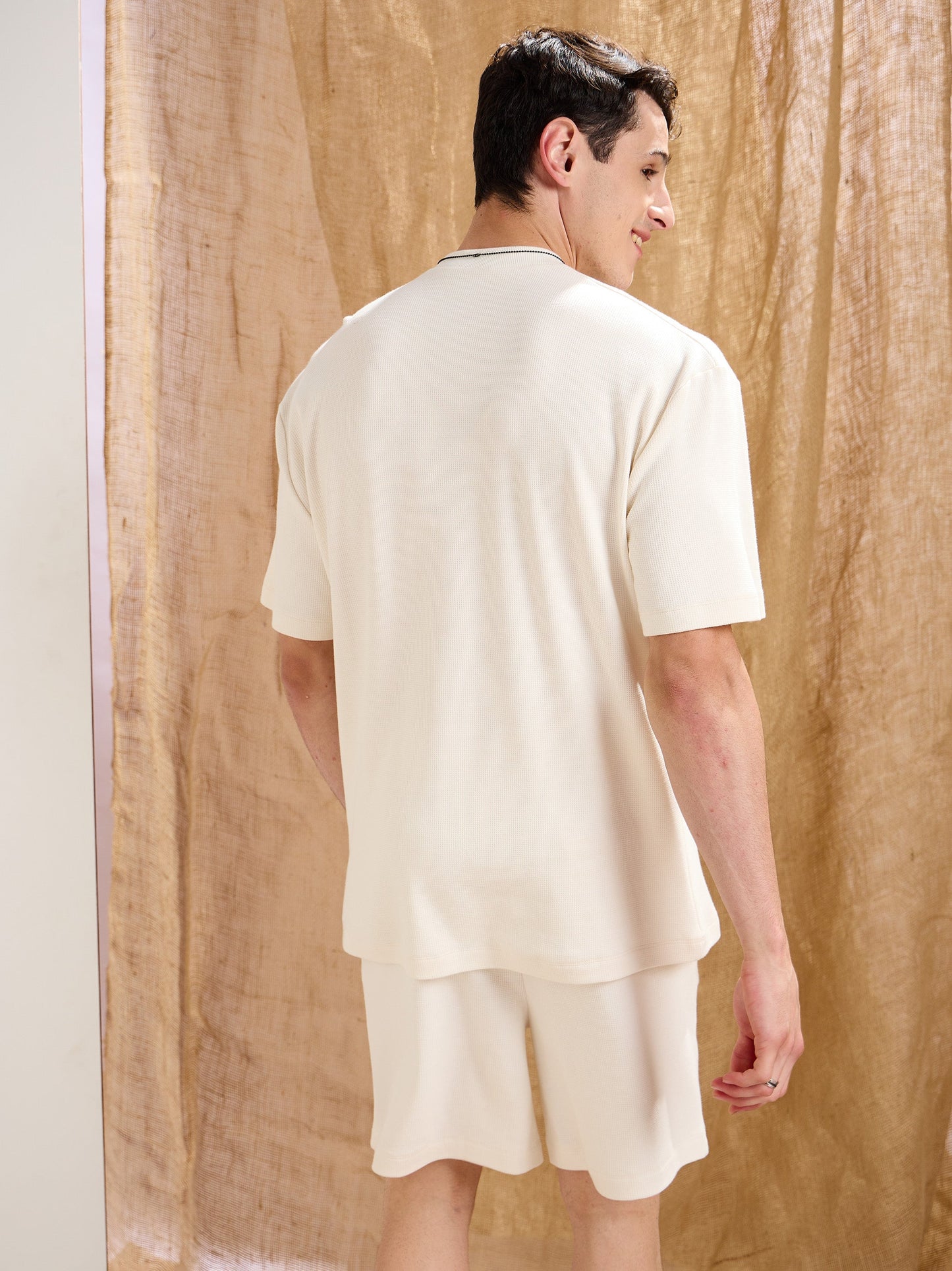 Men White Waffle Front Pocket Oversize T-Shirt