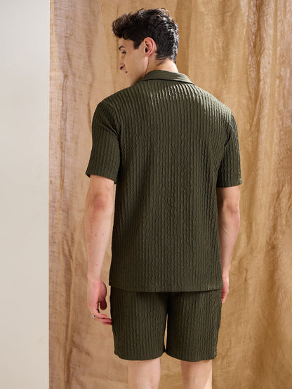 Men Olive Textured Relax Fit Polo T-Shirt