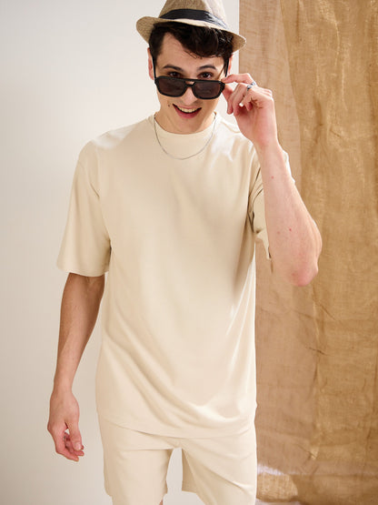 Men Beige Waffle Oversize T-Shirt