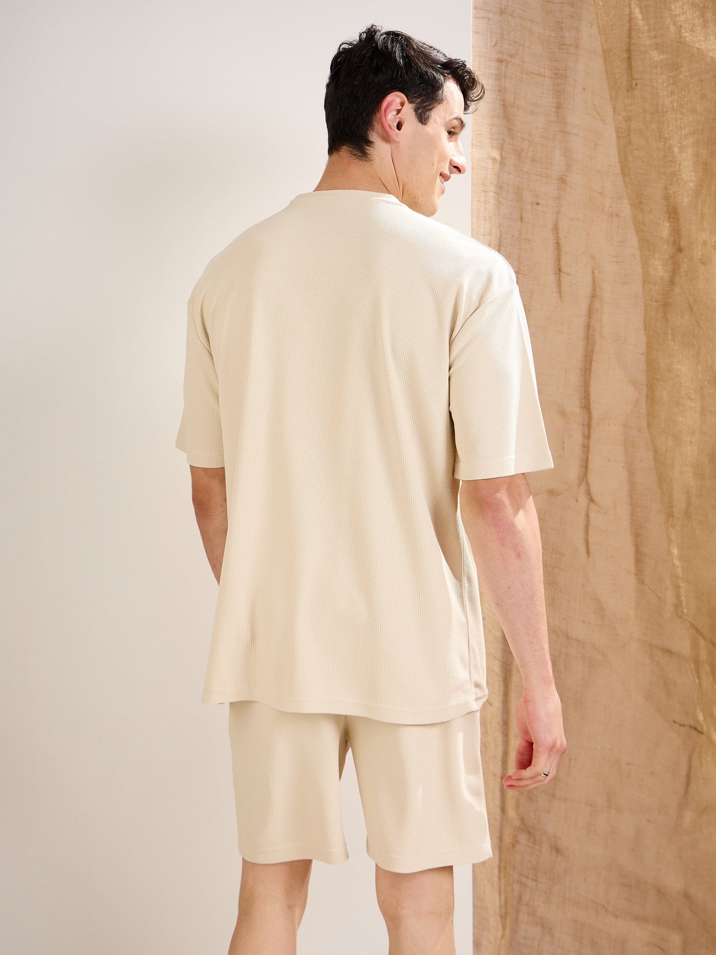 Men Beige Waffle Oversize T-Shirt