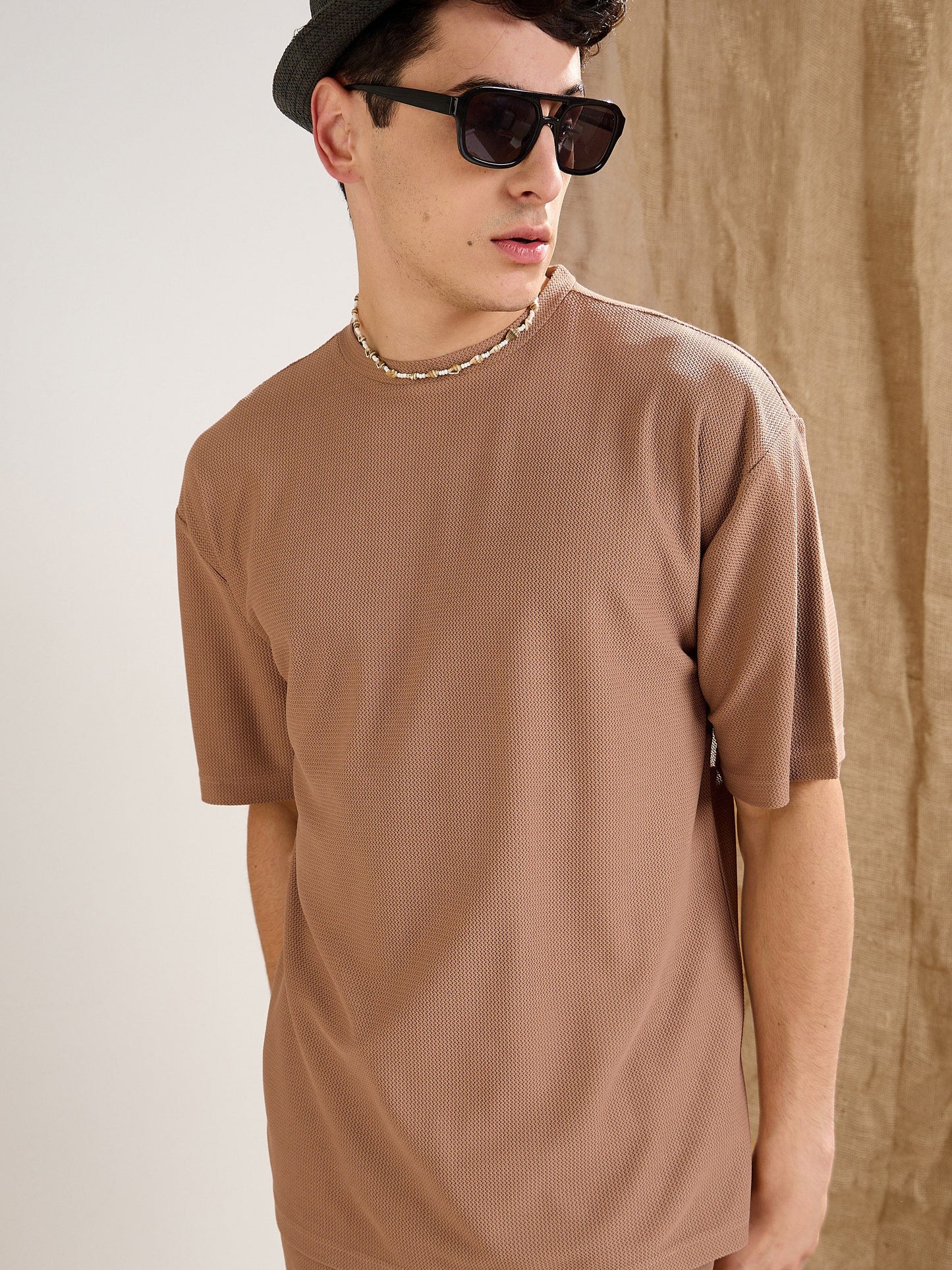 Men Brown Waffle Oversize T-Shirt