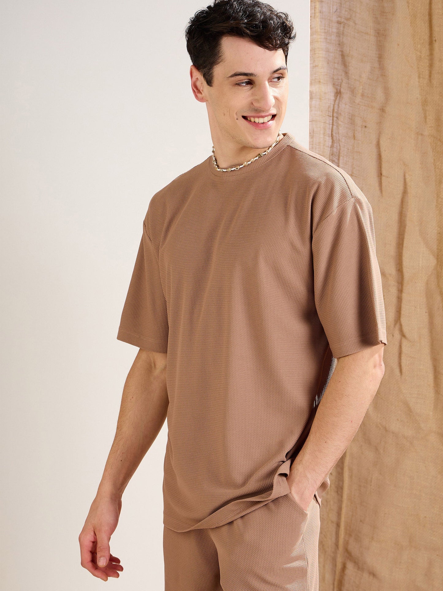 Men Brown Waffle Oversize T-Shirt
