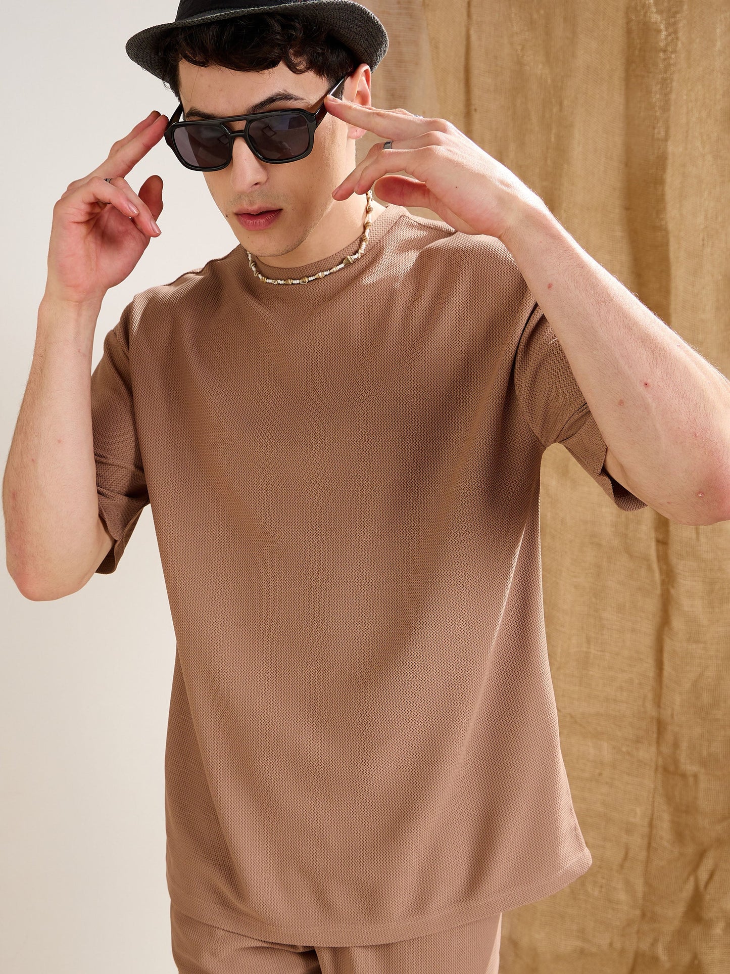 Men Brown Waffle Oversize T-Shirt