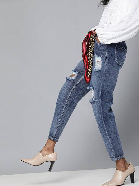 Women Blue High Waist Distressed Knee Jeans