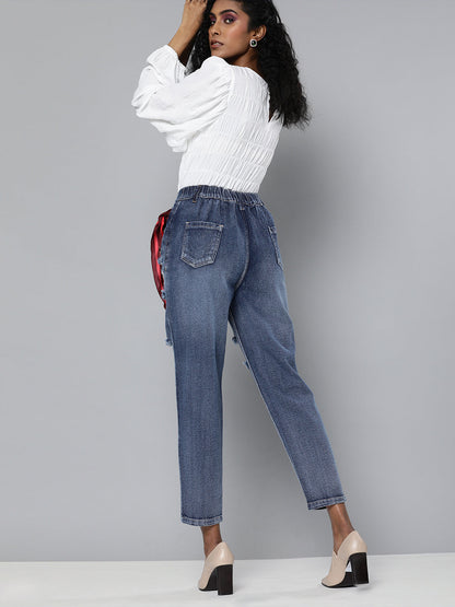 Women Blue High Waist Distressed Knee Jeans