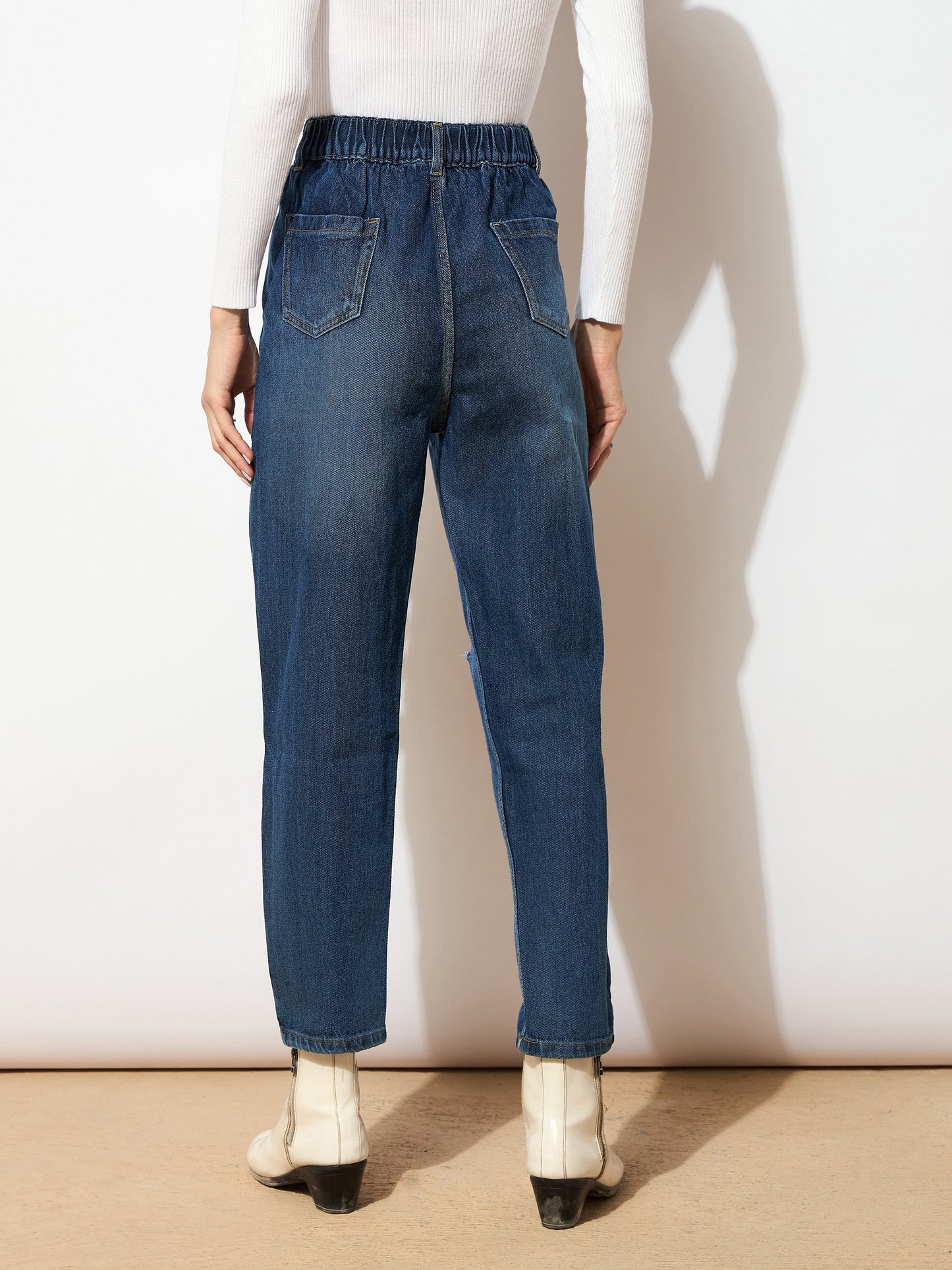 Women Blue High Waist Distressed Knee Jeans