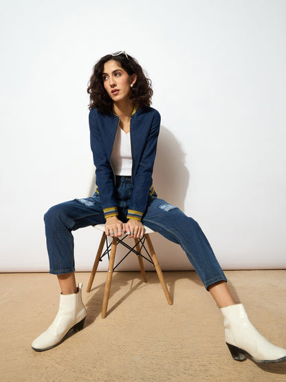 Women Blue High Waist Distressed Knee Jeans