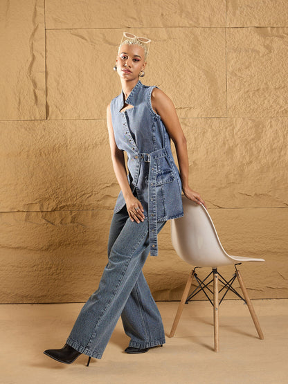 Women Blue Washed Eyelet Detail Straight Fit Jeans