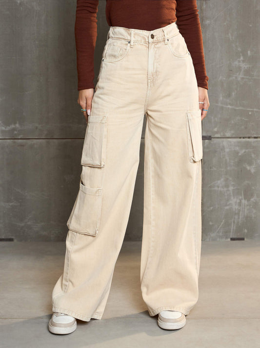 Women Beige Box Pocket Straight Premium Jeans