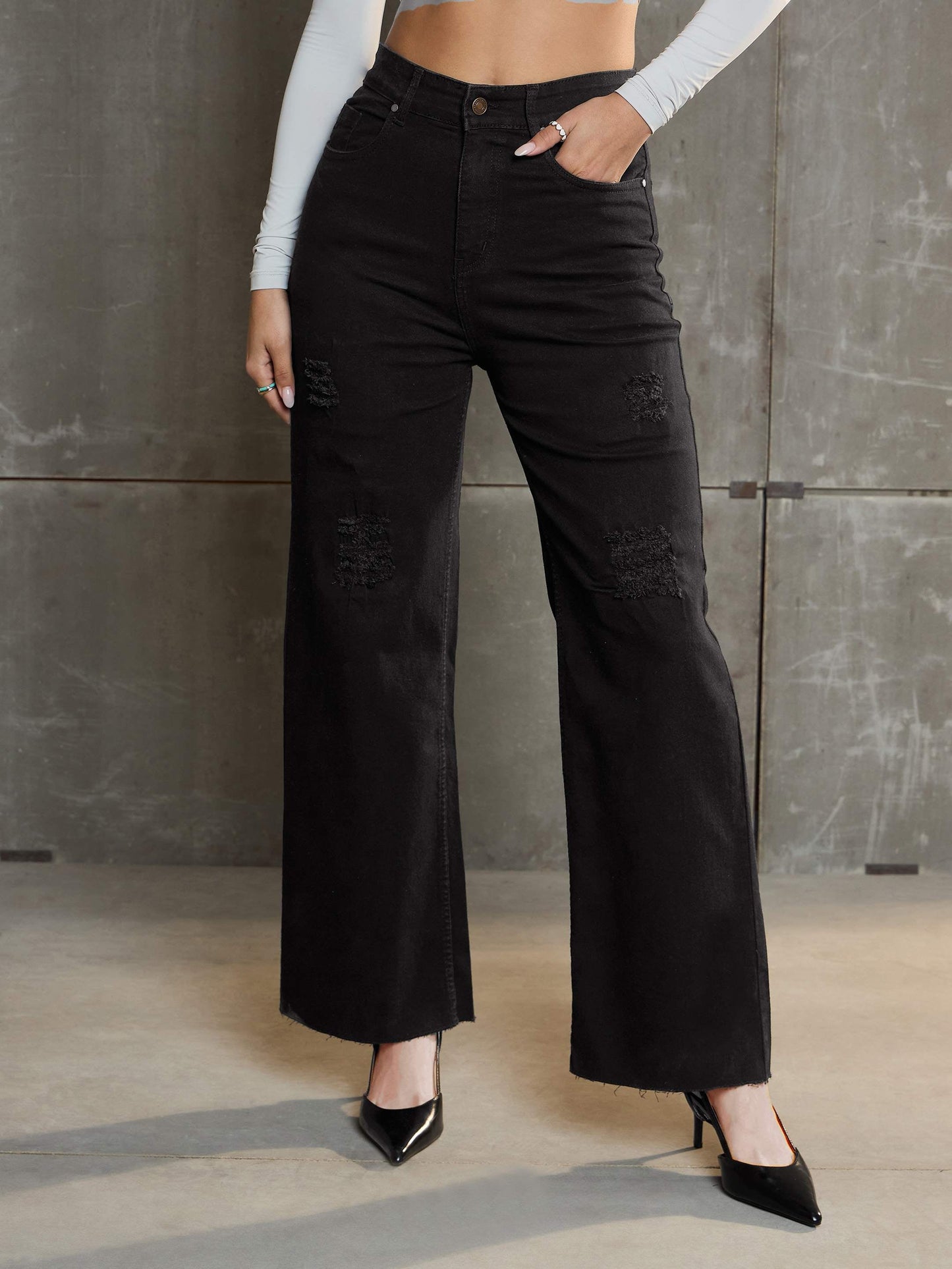 Women Black Denim Premium Front Detail Straight Jeans
